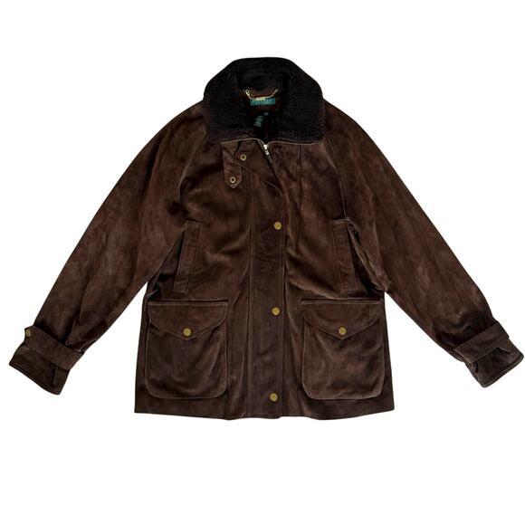 Ralph Lauren Brown Suede Field Jacket Sherpa Collar Vintage 90s Womens Sz Large - Picture 1 of 15